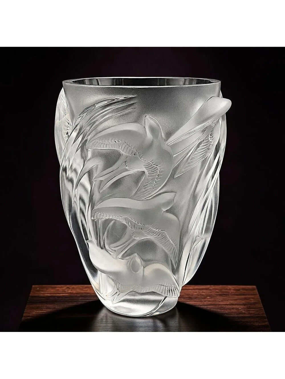 Vintage Large Lalique Martinets Large Frosted Crystal Swallows Vase France - 10